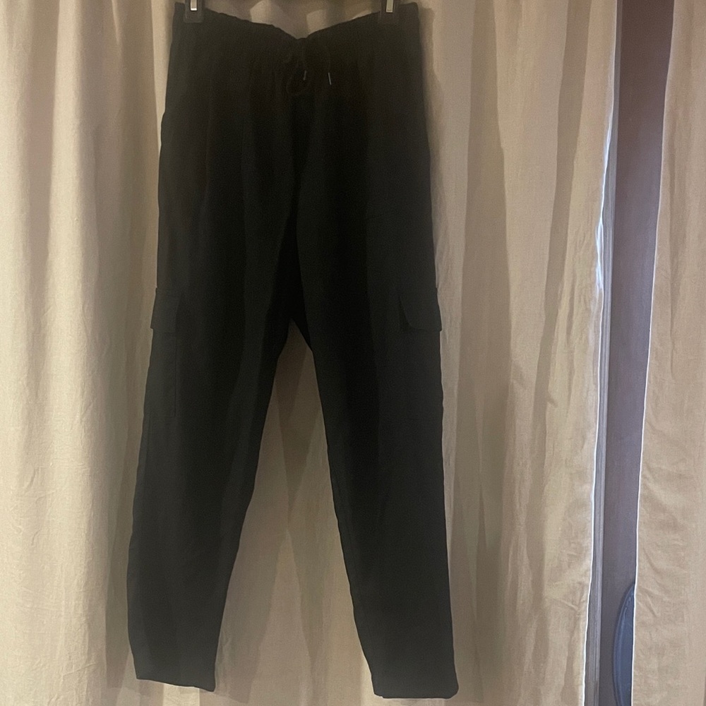 Women’s Black Cargo cotton linen Pants - Classic Utility Style. Drawstring waist